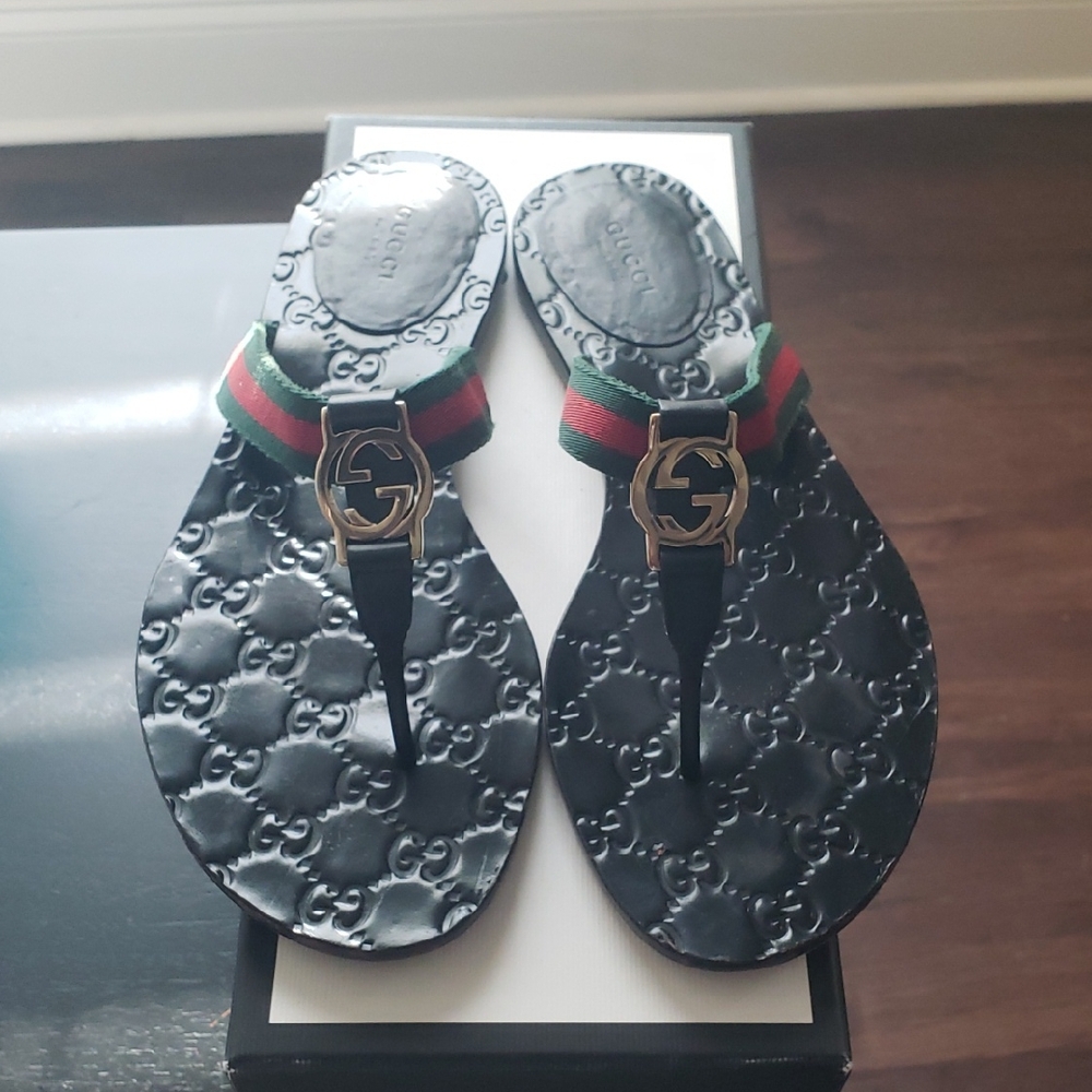 Gucci Black Sandals with Gold Accent